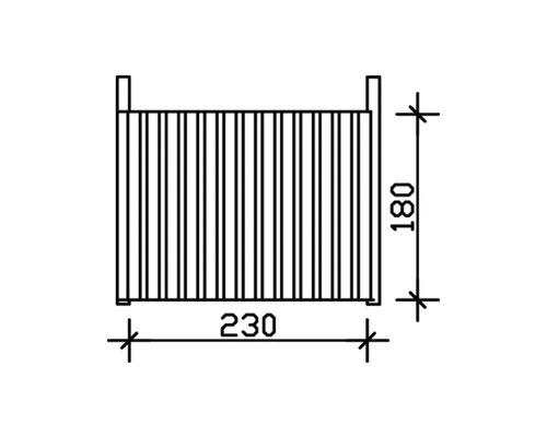 Schéma technique d''une clôture à lattes avec dimensions 180 et 230.