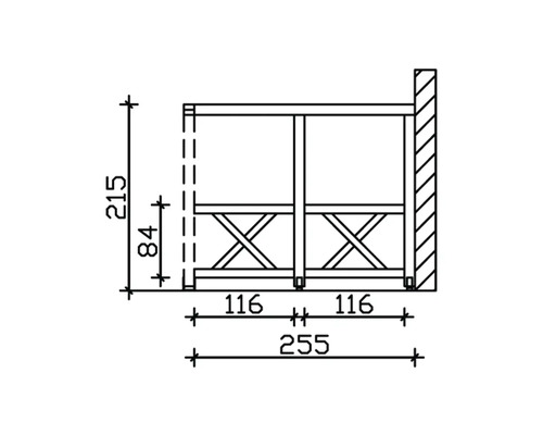 Technische Zeichnung eines Holzregals mit den Massen 215 Millimeter Höhe und 255 Millimeter Breite.