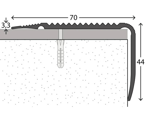 Profil für Treppenkanten mit den Maßen 70, 44 und 3,3 Millimeter.
