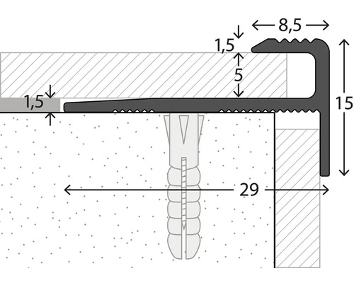 Technische Zeichnung eines Treppenkantenprofils mit Maßangaben.