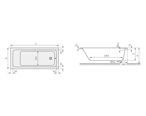 Technische Zeichnung einer Badewanne mit Maßangaben