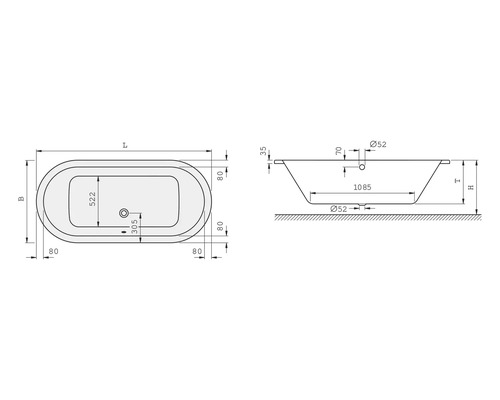 Technische Zeichnung einer Badewanne mit Maßangaben