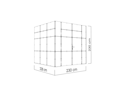 Schéma d''une cabine de douche mesurant 230 x 230 x 228 centimètres