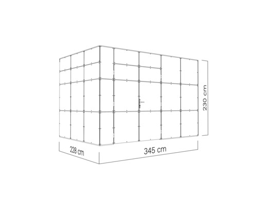 Représentation d''un abri de jardin mesurant 345 cm par 228 cm par 230 cm.