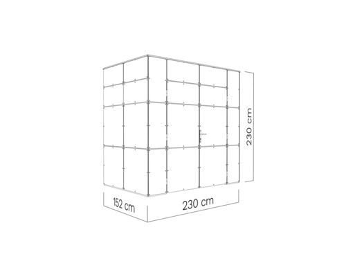 Représentation d''un abri de jardin mesurant 230 cm x 230 cm x 152 cm.