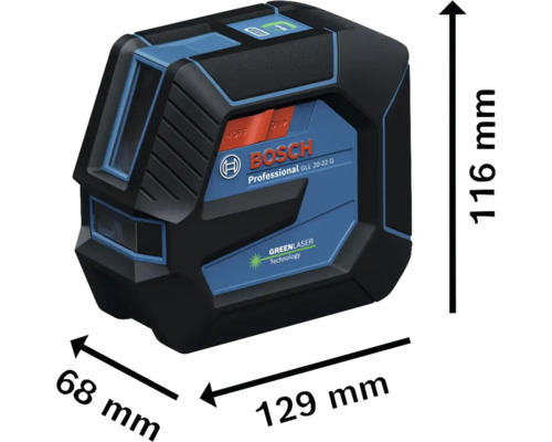 Logo Bosch. Laser lignes croisées professionnel Bosch GLL 20-22 G aux dimensions 116 x 68 x 129 mm.