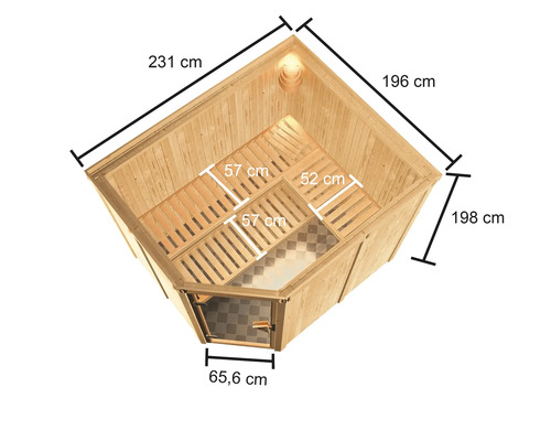 Vue intérieure d''un sauna en bois avec dimensions
