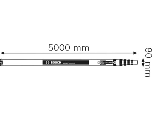 Bosch GR 500 Professional Messlatte mit einer Länge von 5000 mm und einer Breite von 80 mm.
