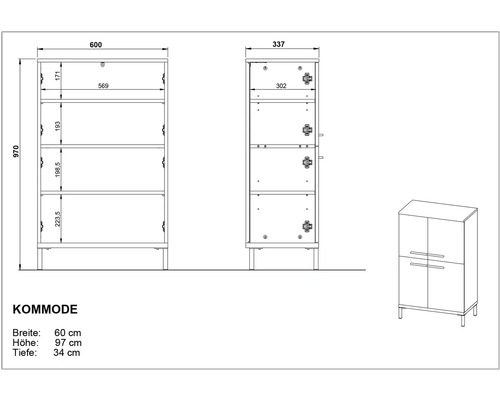 Dessin technique d''une commode avec indication de la largeur, de la hauteur et de la profondeur