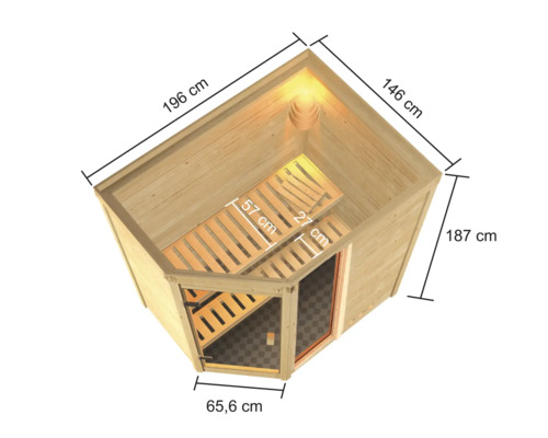 Sauna d''angle avec dimensions de 196 cm, 146 cm, 187 cm et une porte de 65,6 cm de large.