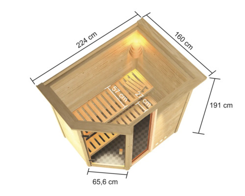 Vue de dessus d''un sauna d''angle avec les dimensions 224 cm, 160 cm, 191 cm et 65,6 cm