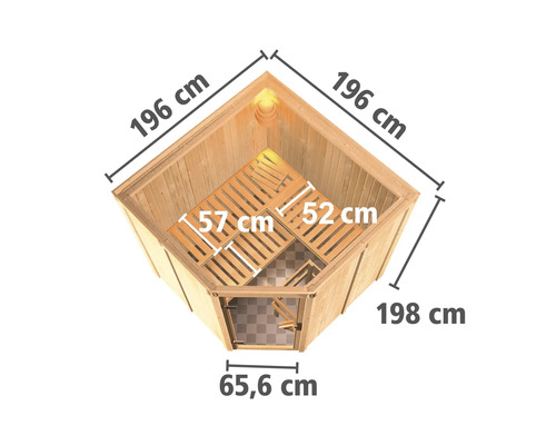 Draufsicht einer Holzsauna mit den Maßen 196 cm x 196 cm x 198 cm und einer Türbreite von 65,6 cm