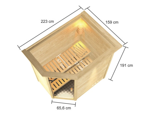 Illustration d''un sauna d''angle avec des dimensions de 223 cm, 159 cm, 191 cm et 65,6 cm.