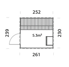Grundrisszeichnung eines Gartenhauses mit den Maßen 252 x 230 x 239 x 261 Zentimeter und einer Fläche von 5,3 Quadratmetern.