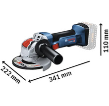 Bosch Akku Winkelschleifer mit den Massen 341 mm Länge, 222 mm Breite und 110 mm Höhe.