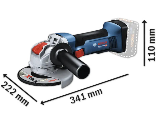 Bosch Akku Winkelschleifer mit den Massen 341 mm Länge, 222 mm Breite und 110 mm Höhe.