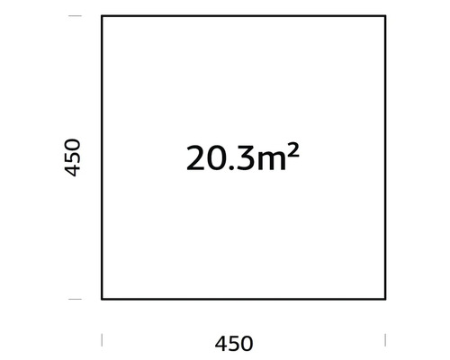 Quadratische Fläche mit den Massen 450 x 450 und einer Gesamtfläche von 20,3 Quadratmetern