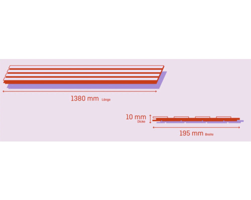 Illustration zeigt Maße eines Paneels: 1380 Millimeter Länge, 195 Millimeter Breite und 10 Millimeter Dicke.