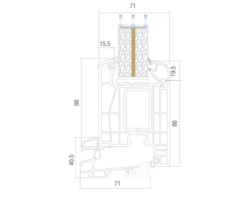 Technische Zeichnung eines Fensterprofils mit Maßangaben