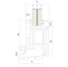Technische Zeichnung eines Fensterprofils mit Maßangaben.