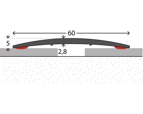 Illustration eines Kabelkanals mit den Maßen 60 Millimeter Breite, 5 Millimeter Höhe und 2,8 Millimeter Abstand zum Boden.