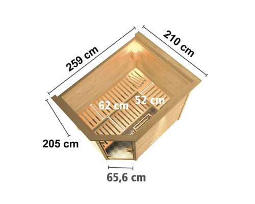 Dessin d''un sauna d''angle avec les dimensions 259 cm, 210 cm, 205 cm et 65,6 cm.