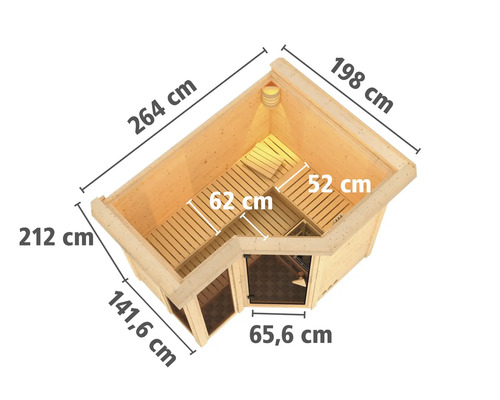 Draufsicht einer Ecksauna mit Maßangaben.