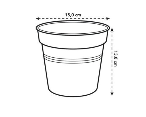 Illustration d''un pot de fleurs avec des dimensions de 15,0 cm de diamètre et 13,8 cm de hauteur.