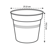Abbildung eines Pflanzgefässes mit den Massen 21,0 cm Durchmesser und 19,3 cm Höhe.