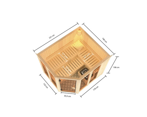 Abmessungen einer Ecksauna mit Bänken, Ofen und Glastür