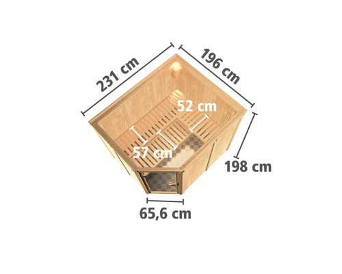 Draufsicht einer Ecksauna aus Holz mit Massangaben