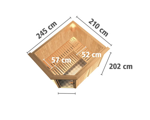 Draufsicht einer Ecksauna mit Abmessungen: 245 cm, 210 cm und 202 cm.