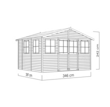 Image d''un abri de jardin mesurant 297 centimètres sur 346 centimètres avec une hauteur de 242 centimètres
