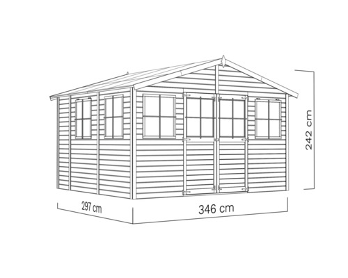 Image d''un abri de jardin mesurant 297 centimètres sur 346 centimètres avec une hauteur de 242 centimètres