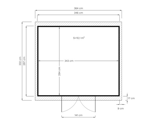 Plan d''un abri de jardin avec dimensions en centimètres et surface en mètres carrés