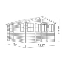Illustration eines Gartenhauses mit Abmessungen