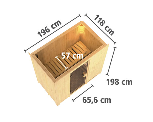 Ansicht einer Sauna mit den Maßen 196 cm Länge, 118 cm Breite und 198 cm Höhe.