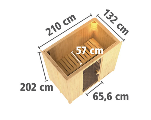 Abmessungen einer Holzsauna mit Bank und Glastür