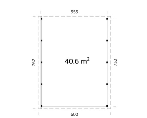 Plan avec les dimensions 555, 600, 732, 762 et la surface de 40,6 mètres carrés