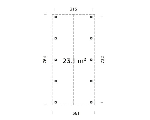 Grundriss mit den Maßen 315, 361, 764 und 732 mit einer Fläche von 23,1 Quadratmetern