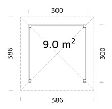 Grundriss mit den Massen 300 x 300 cm und einer Fläche von 9,0 Quadratmetern