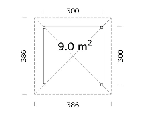 Grundriss mit den Massen 300 x 300 cm und einer Fläche von 9,0 Quadratmetern