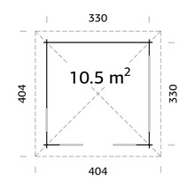 Plan d''un abri de jardin mesurant 404 x 330 centimètres, d''une superficie de 10,5 mètres carrés.