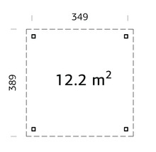 Grundriss mit den Maßen 349 mal 389 Zentimeter und einer Fläche von 12,2 Quadratmetern