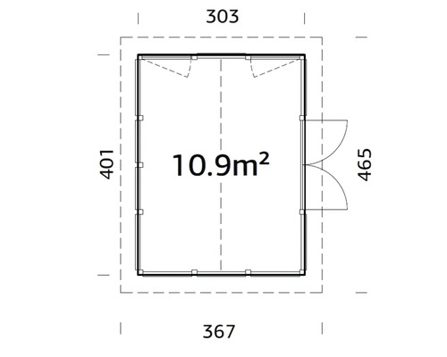 Plan d''un abri de jardin avec des dimensions et une surface de 10,9 mètres carrés.
