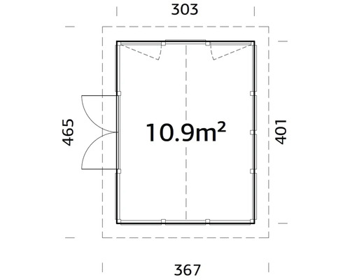 Plan d''un abri de jardin mesurant 303 x 367 x 401 x 465 et d''une superficie de 10,9 mètres carrés