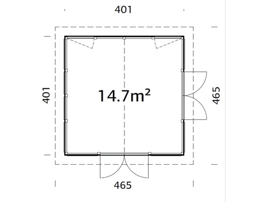 Plan d''un abri de jardin d''une superficie de 14.7 mètres carrés et de dimensions 401 x 401 x 465 cm