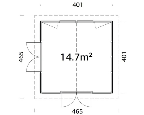 Plan d''un abri de jardin d''une surface de 14,7 mètres carrés et de dimensions 401 sur 465 centimètres.