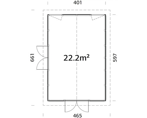 Grundriss eines Gartenhauses mit Abmessungen.