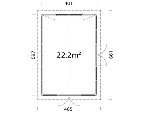 Grundrisszeichnung eines Gartenhauses mit den Massen 401 x 597 Zentimeter und einer Fläche von 22,2 Quadratmetern.